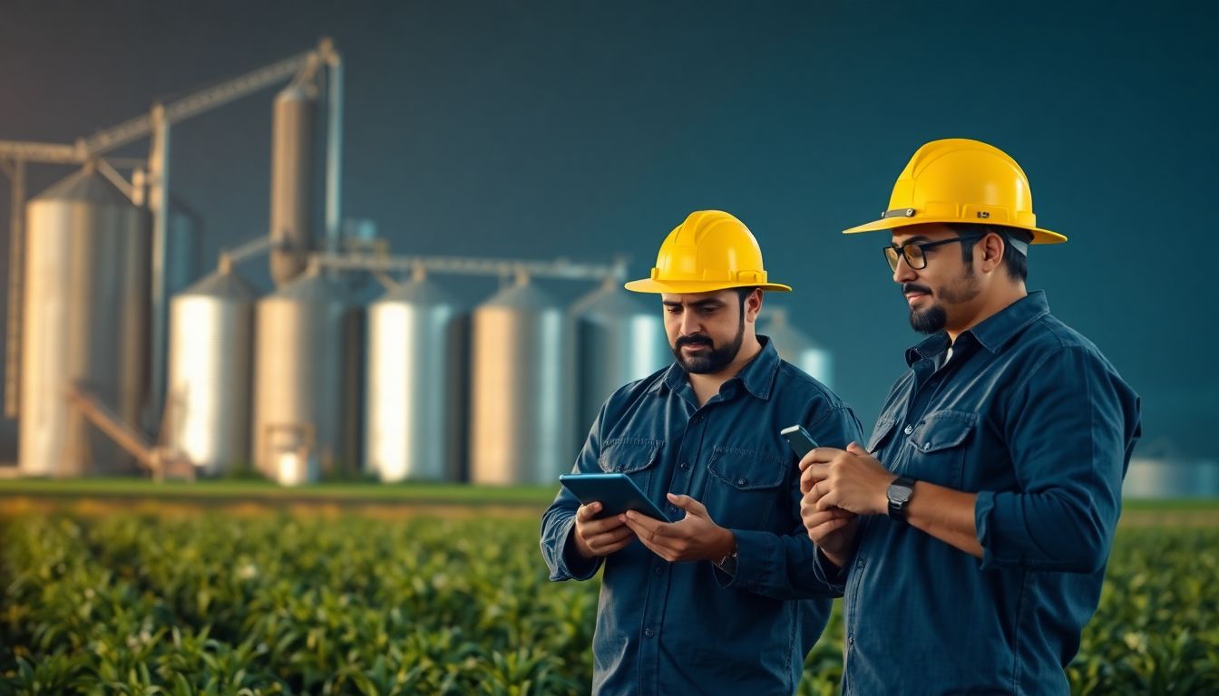 Homens usando tablet e celular em plantação representando o uso da Telefonia Voip para o agronegócio