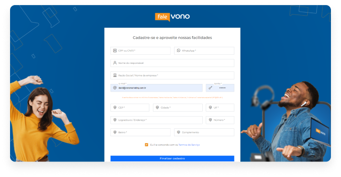 Tela de cadastro na plataforma Meu Vono